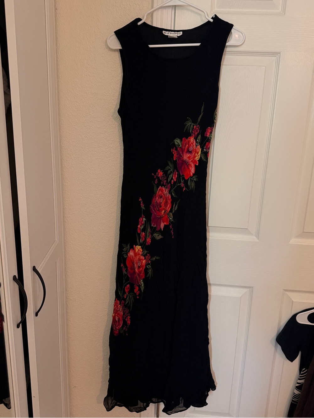 dressbarn Black Maxi Dress with Red Floral Print